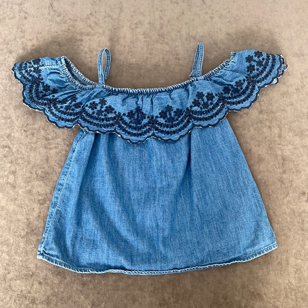 Abercrombie kids off the shoulder denim top ruffle trim. Color denim size 7/8